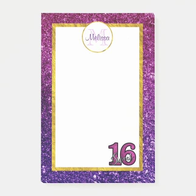 Pink & Purple Sparkling Glitter Gemstones Monogram Post-it Notes (Front)