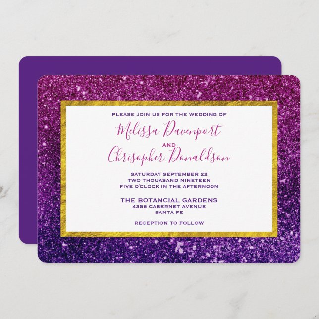 Pink & Purple Sparkling Glitter Gemstones Wedding Invitation (Front/Back)