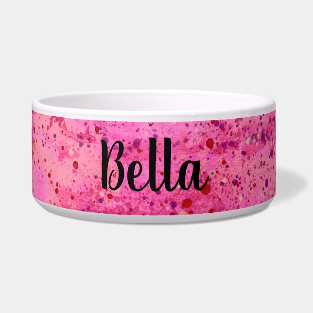 Pink Purple Splatter Abstract Ceramic Pet Bowl (Front)