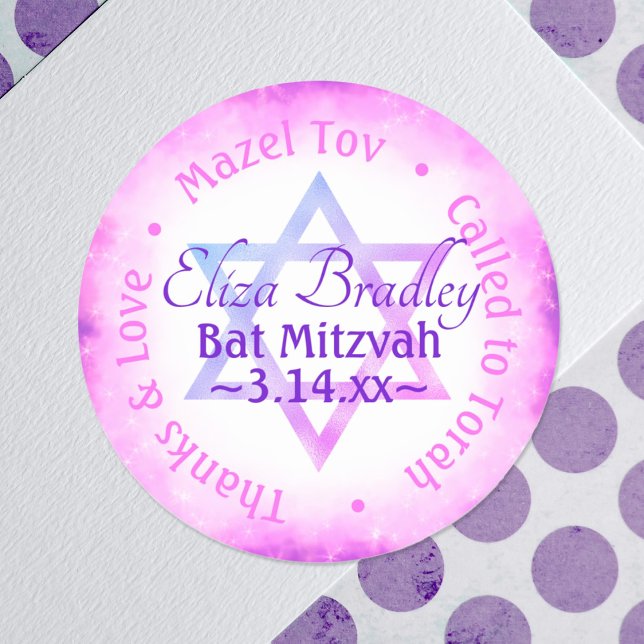 Pink Purple Star Bat Mitzvah Party Favour Sticker (pink party favor personalized bat mitzvah sticker round pink star of david cute girls envelope seal)