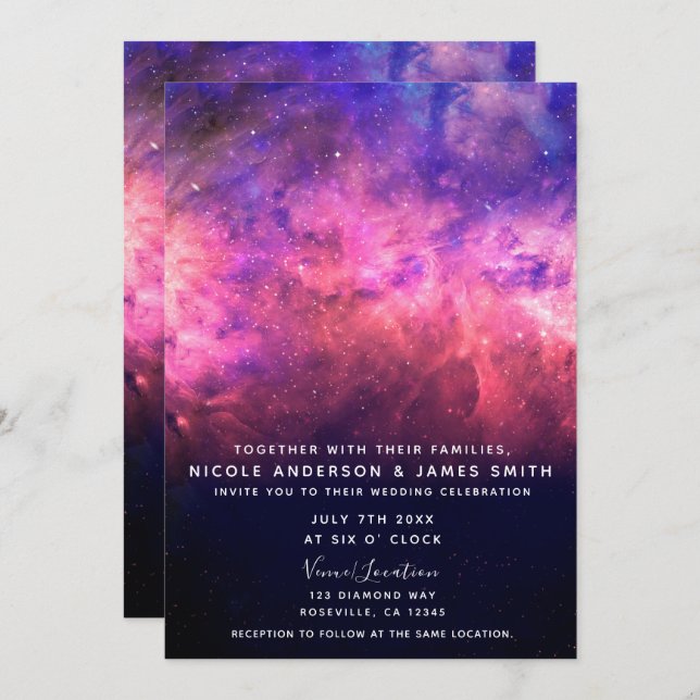 Pink Purple Starry Sky Cosmic Galaxy Sky Wedding Invitation (Front/Back)