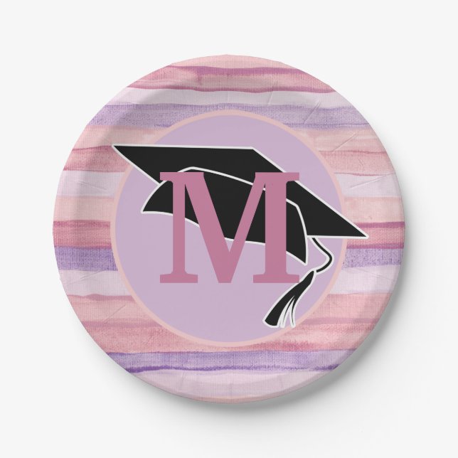 Pink Purple Striped Graduation Cap Monogram Paper Plate (Front)
