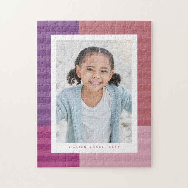 Pink purple stripes cute personalised photo jigsaw puzzle (Vertical)