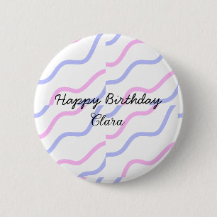 Pink purple stripes happy birthday add name text 6 cm round badge