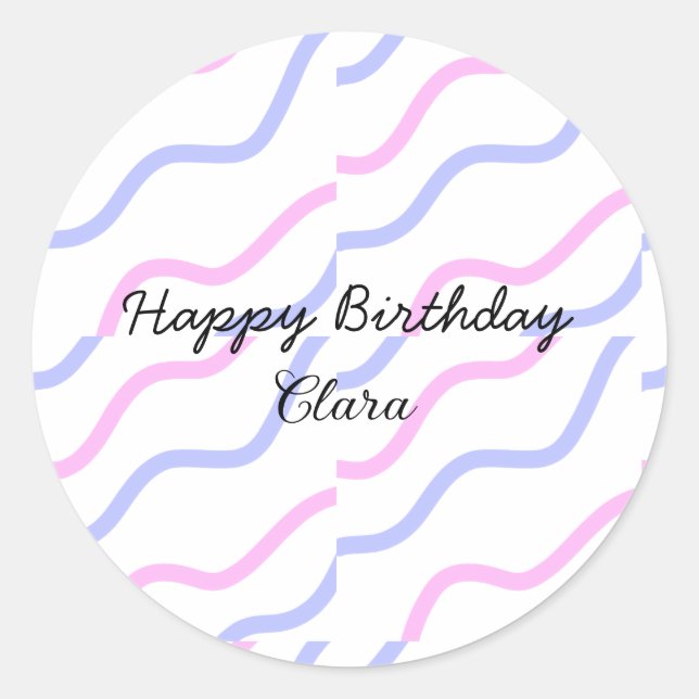 Pink purple stripes happy birthday add name text classic round sticker (Front)