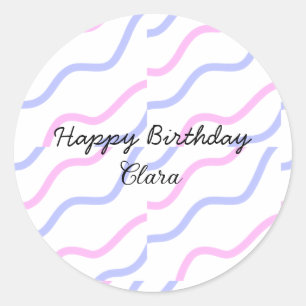 Pink purple stripes happy birthday add name text classic round sticker