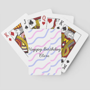 Pink purple stripes happy birthday add name text playing cards