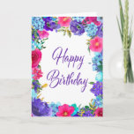 Pink Purple Summer Floral Happy Birthday Card<br><div class="desc">Send your July or August Birthday wishes with this beautiful summer floral design. Carefree purple,  pink and orange flowers are tucked into sweet green foliage. Happy Birthday is written in a pretty purple script.</div>
