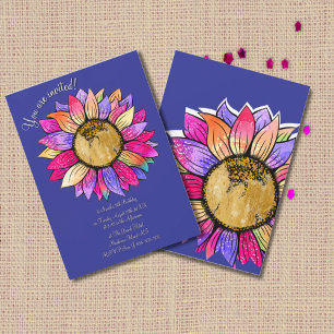 Pink & Purple Sunflower Watercolor Birthday Party Invitation