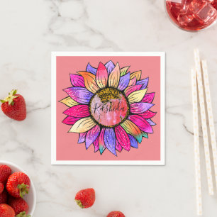 Pink & Purple Sunflower Watercolor Birthday Party Napkin