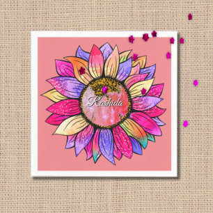 Pink & Purple Sunflower Watercolor Birthday Party Napkin