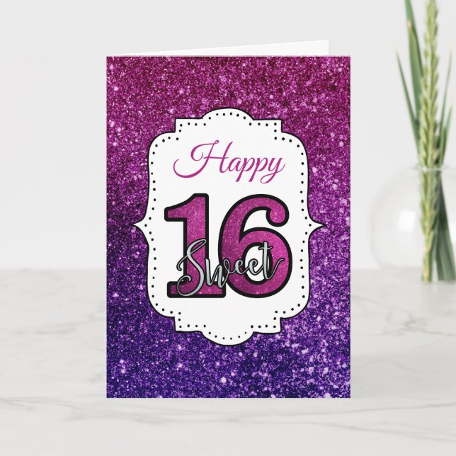 Pink & Purple Sweet 16 Sparkle Glitter Gemstones Card (Front)