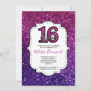 Pink & Purple Sweet 16 Sparkle Glitter Gemstones Invitation