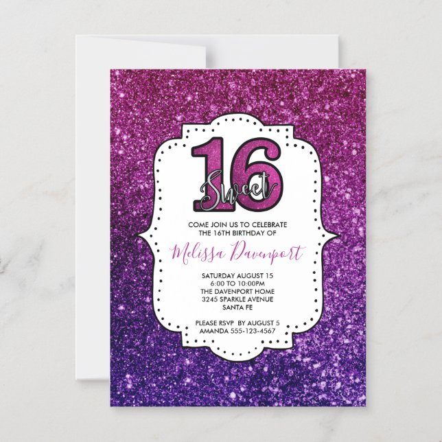 Pink & Purple Sweet 16 Sparkle Glitter Gemstones Magnetic Invitation (Front)