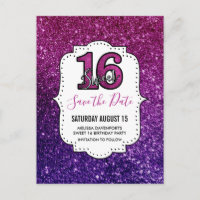 Pink & Purple Sweet 16 Sparkling Save the Date