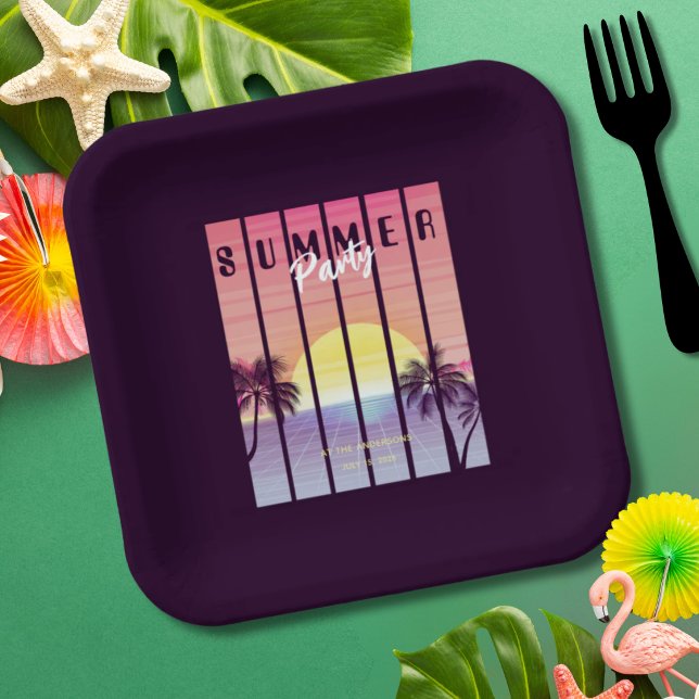 Pink Purple Synthwave Summer Party Paper Plate (Creator Uploaded)