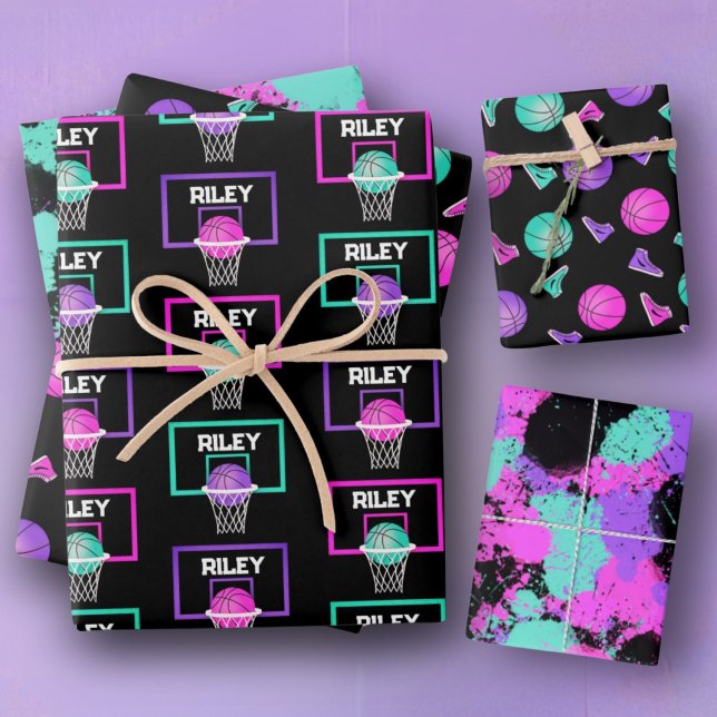 Pink Purple Teal Basketball Paint Splatter Name Wrapping Paper Sheet (Creator Uploaded)
