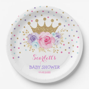 Pink Purple Teal Crown Princess Baby Shower Girl Paper Plate