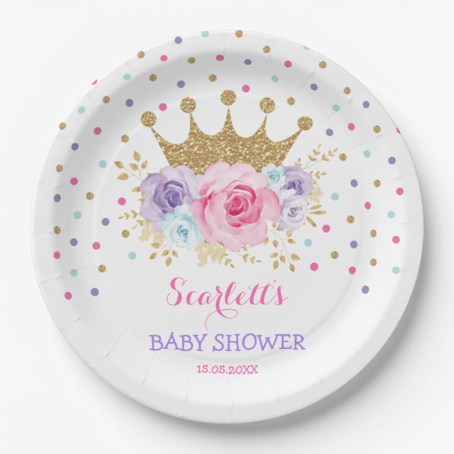 Pink Purple Teal Crown Princess Baby Shower Girl Paper Plate (Front)
