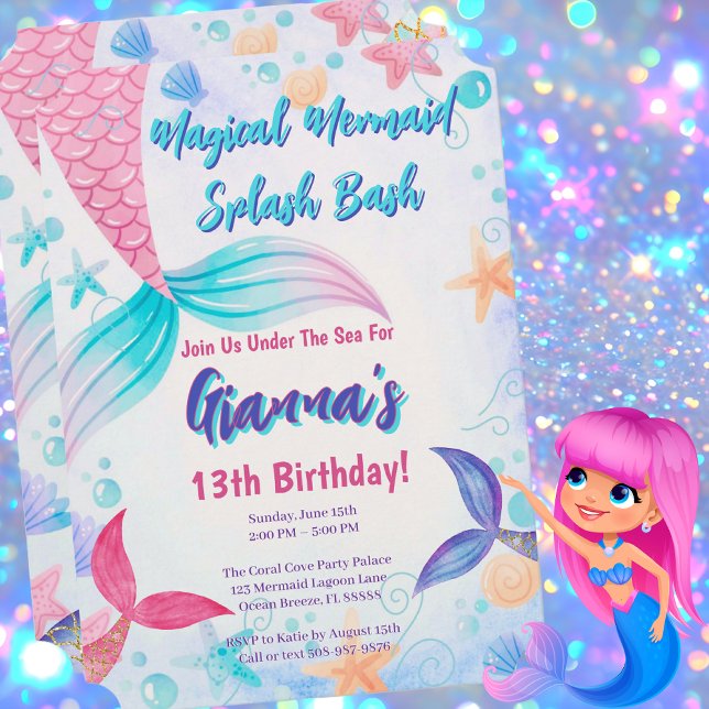 Pink Purple Teal Mermaid Splash Birthday Party Invitation (Magical Mermaid Birthday Party Invitation)