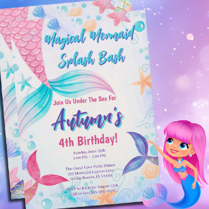 Pink Purple Teal Mermaid Tail Birthday Party Invitation