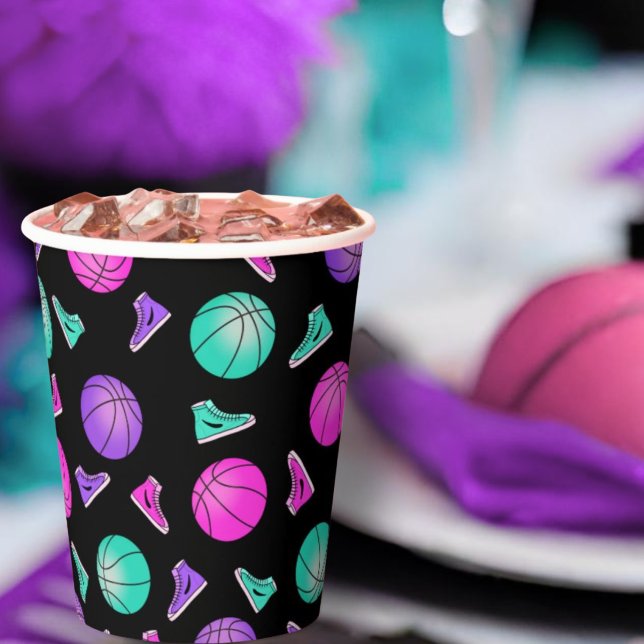 Pink Purple Teal Neon Basketball Sneakers Birthday Paper Cups (Creator Uploaded)