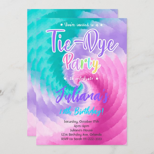 Pink Purple Teal Tiedye Birthday Invitation (Front/Back)