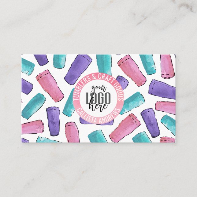 Pink Purple Teal Tumbler Watercolor Crafter Logo Business Card (Front)