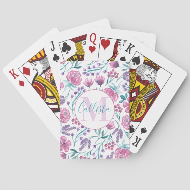 Pink Purple Teal Watercolor Flowers Monogram Playing Cards (Back)