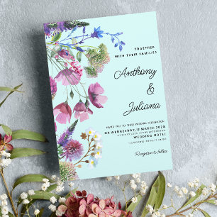 Pink Purple Teal Wildflower Summer Wedding Invitation