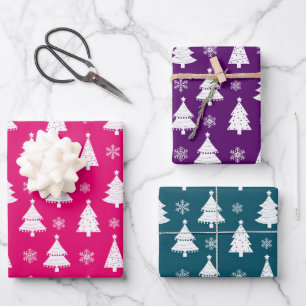 Pink, Purple & Teal Winter Christmas Tree Pattern Wrapping Paper Sheet