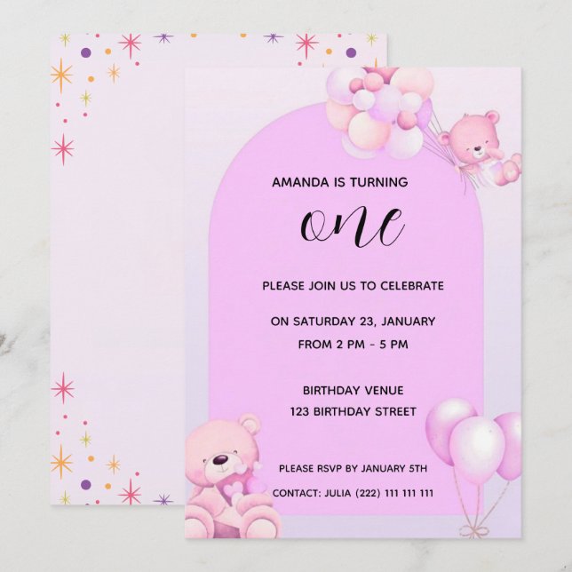 Pink Purple Teddy Bear 1st Birthday Invitation (Front/Back)
