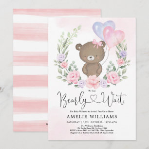 Pink Purple Teddy Bear Balloons Girl Baby Shower Invitation