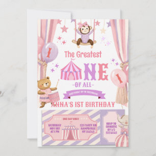  Pink Purple The Greatest ONE circus Girl Birthday Invitation