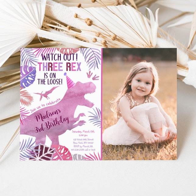 Pink Purple Three Rex Girl Dinosaur Birthday Invitation (Creator Uploaded)