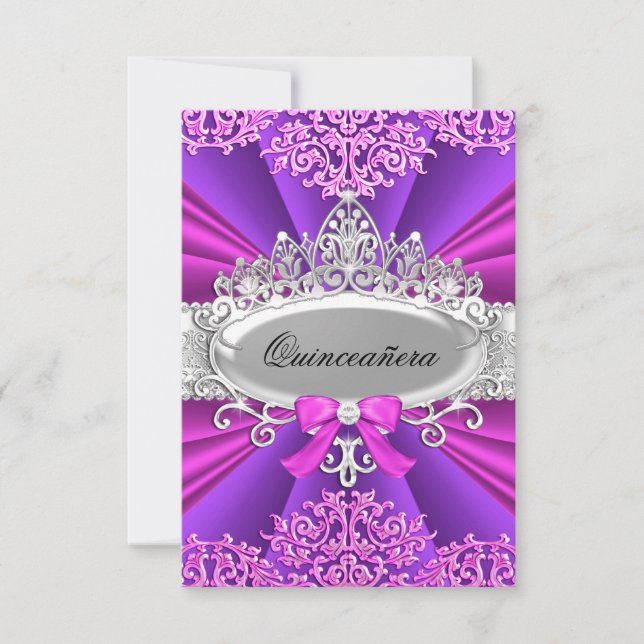 Pink/Purple Tiara & Damask Quinceanera Invite (Front)