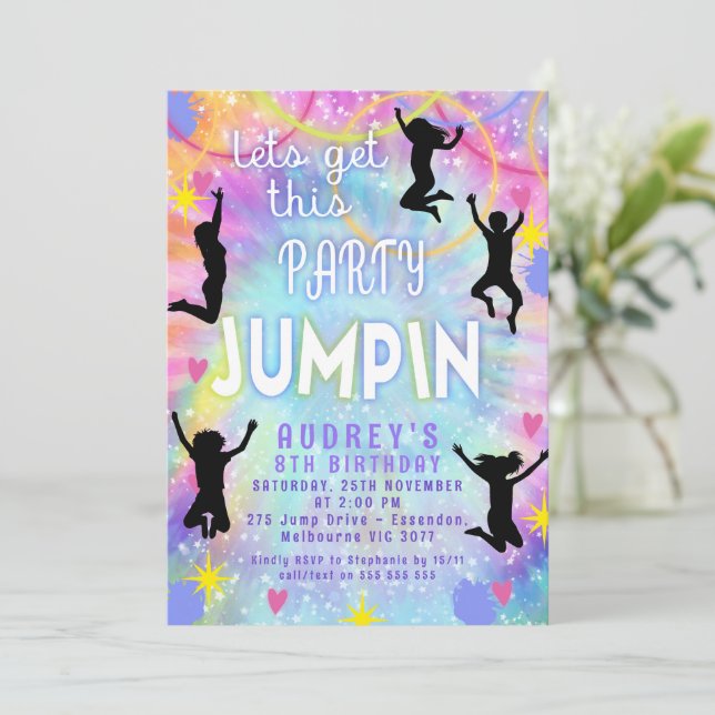 Pink Purple Tie Dye Lets Get Party Jumpin Birthday Invitation (Standing Front)