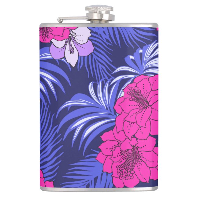 Pink & Purple Tropical - A bright hibiscus design Hip Flask (Front)