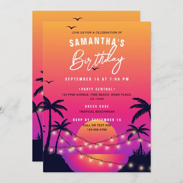 Pink & Purple Tropical Beach Sunset Birthday Party Invitation (Front/Back)