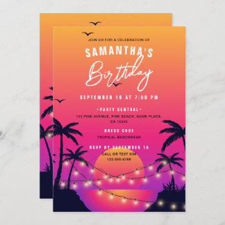 Pink & Purple Tropical Beach Sunset Birthday Party Invitation