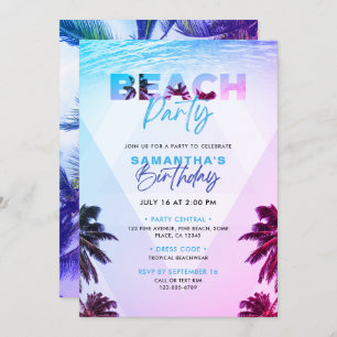 Pink & Purple Tropical Beach Sunset Birthday Party Invitation