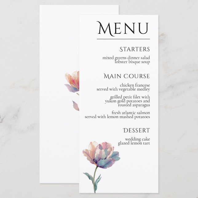 Pink Purple Tulip Elegant Floral Wedding  Menu (Front/Back)