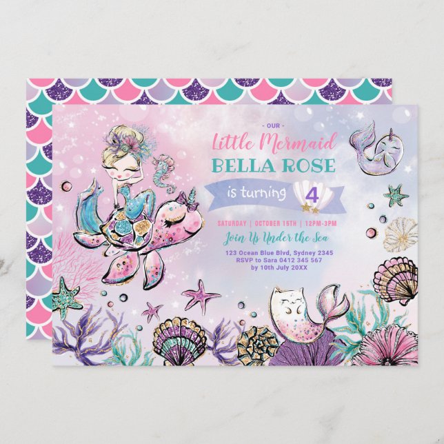 Pink Purple Turquoise Mermaid Pool Party Birthday Invitation (Front/Back)
