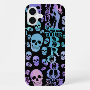 PINK PURPLE TURQUOISE OMBRE HALLOWEEN SKULLS iPhone 16 PLUS CASE