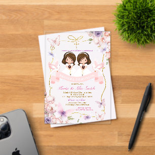 Pink & Purple Twin Girl Bible Primera Comunión Acrylic Invitations