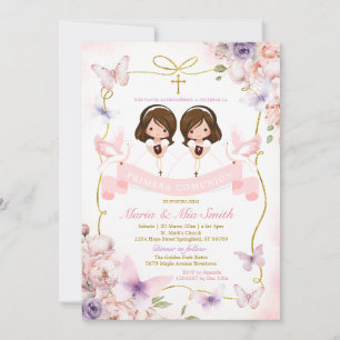 Pink & Purple Twin Girl Bible Primera Comunión Invitation