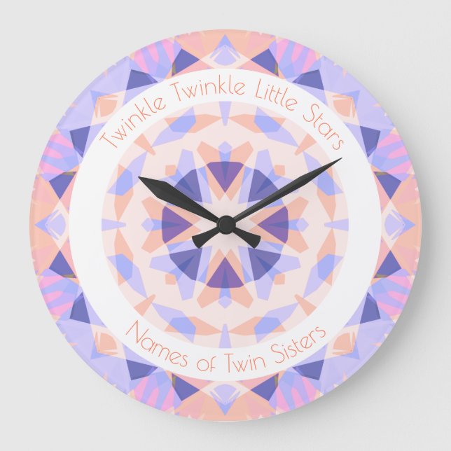 Pink Purple Twinkle Little Star Girl Twins Nursery Large Clock (Front)