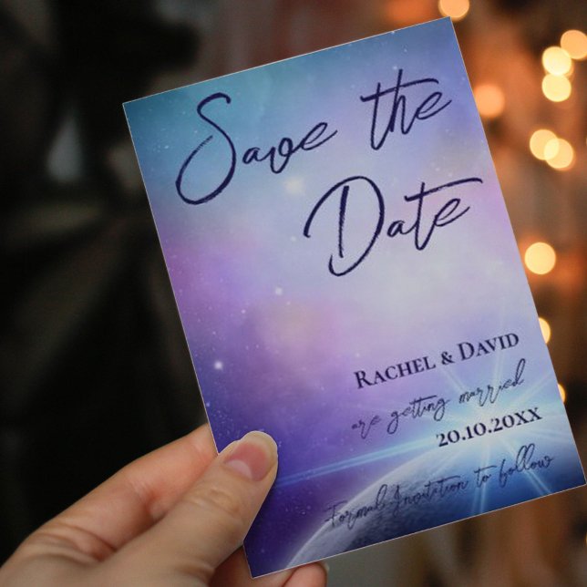 Pink Purple Under the Stars Wedding Save The Date Postcard (Creator Uploaded)