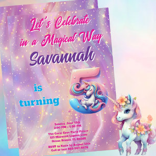 Pink Purple Unicorn 5th Birthday Party Invitation