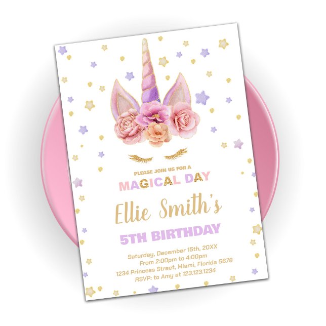 Pink Purple Unicorn Birthday Invitations (Creator Uploaded)